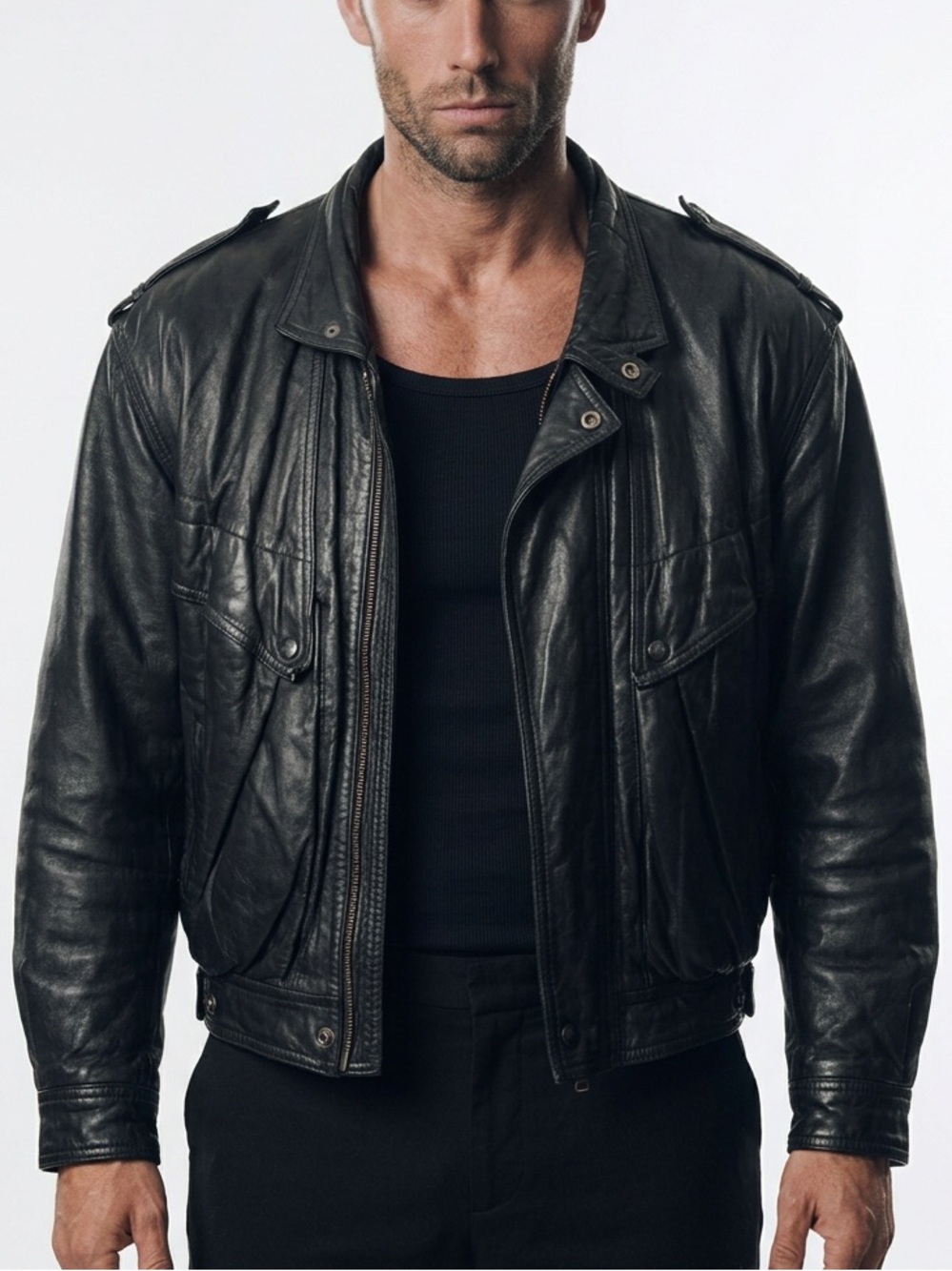 VINTAGE |•BYRNES & BAKER•| Black Leather Bomber Biker Jacket Size Medium